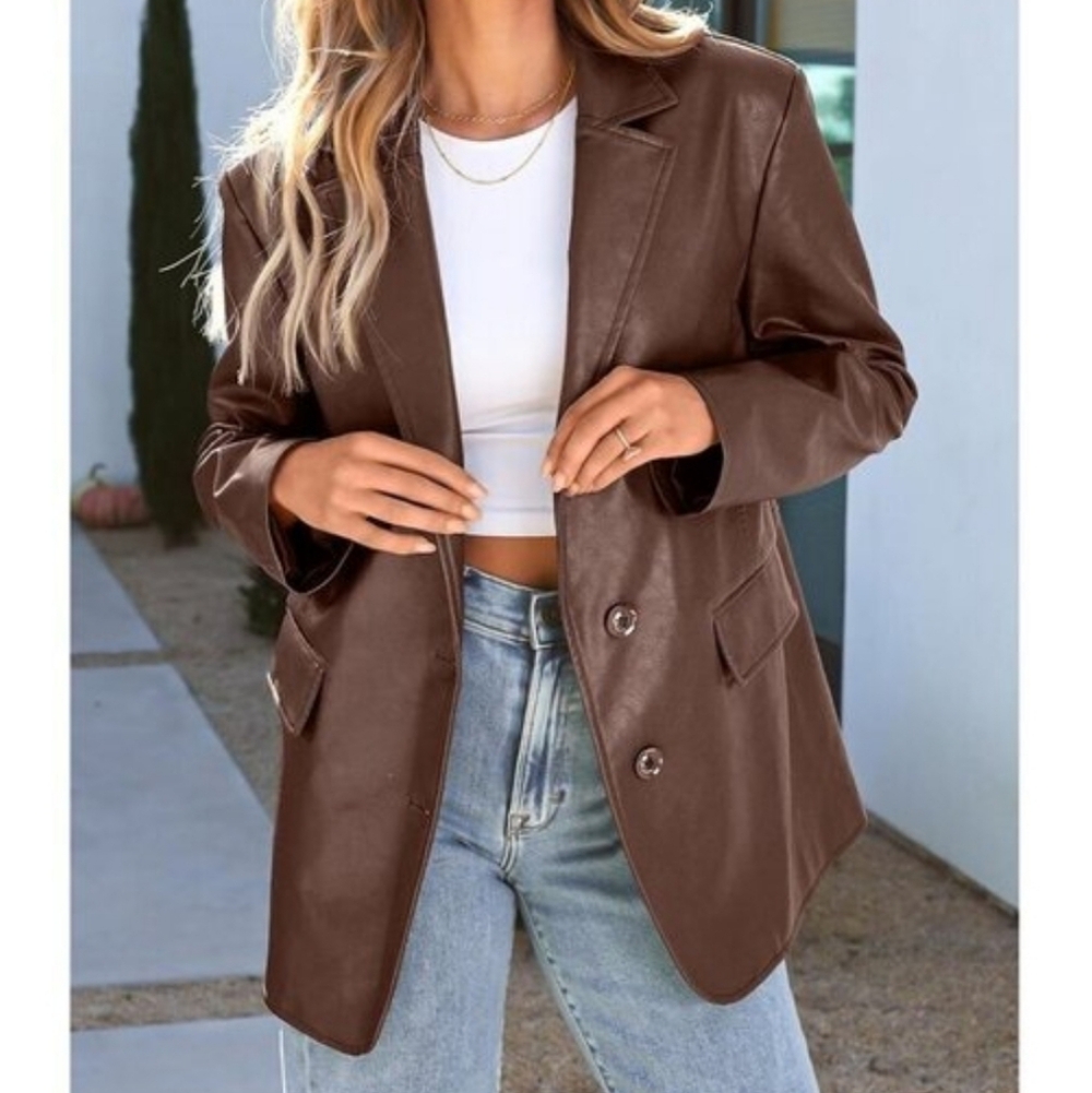 Automet Chocolate Brown Faux Leather Two Button Blazer Jacket Office Cottagecore